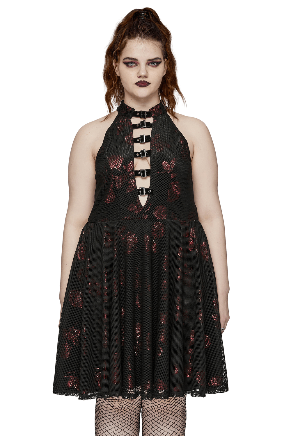 Gothic Roses A-Line Dress with V-neck and buckles, featuring a floral velvet pattern and a stunning silhouette.