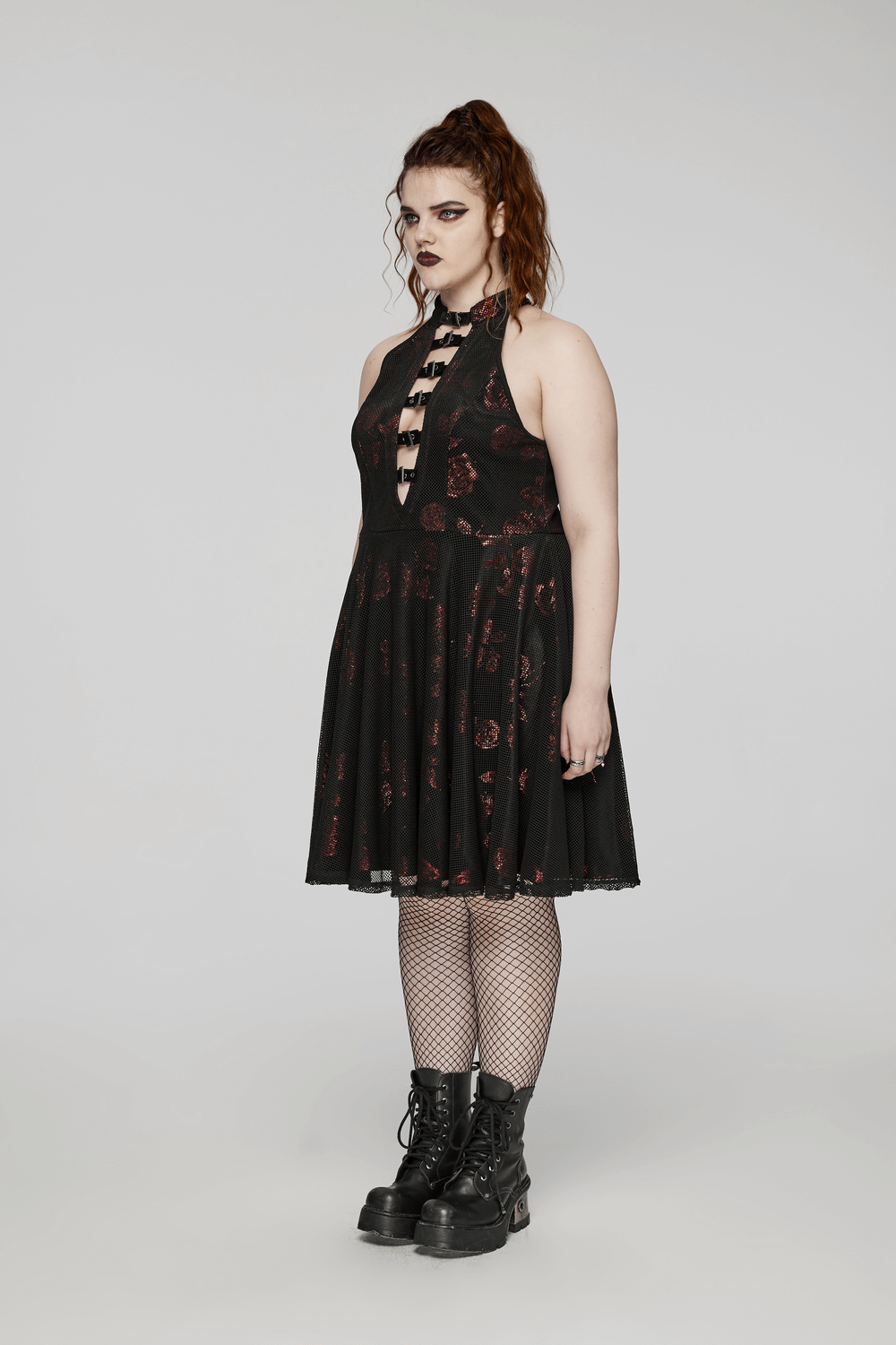 Gothic Roses A-Line dress with V-neck, unique rose pattern, and edgy buckles, perfect for bold fashion statements.
