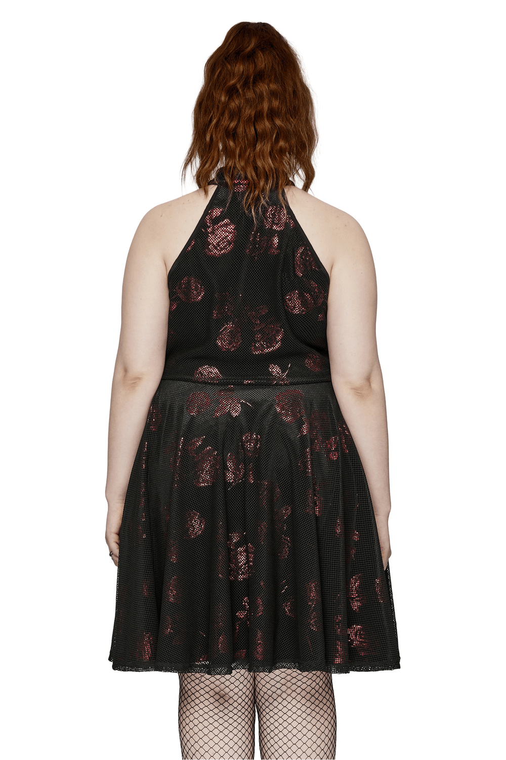 Back view of a Gothic Roses A-Line Dress showcasing velvet floral pattern and halter neckline.