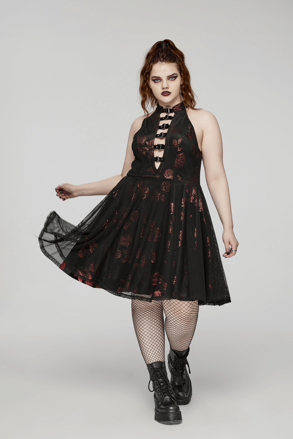 Gothic roses A-line dress with V-neck and buckles, featuring floral velvet fabric and a chic silhouette.