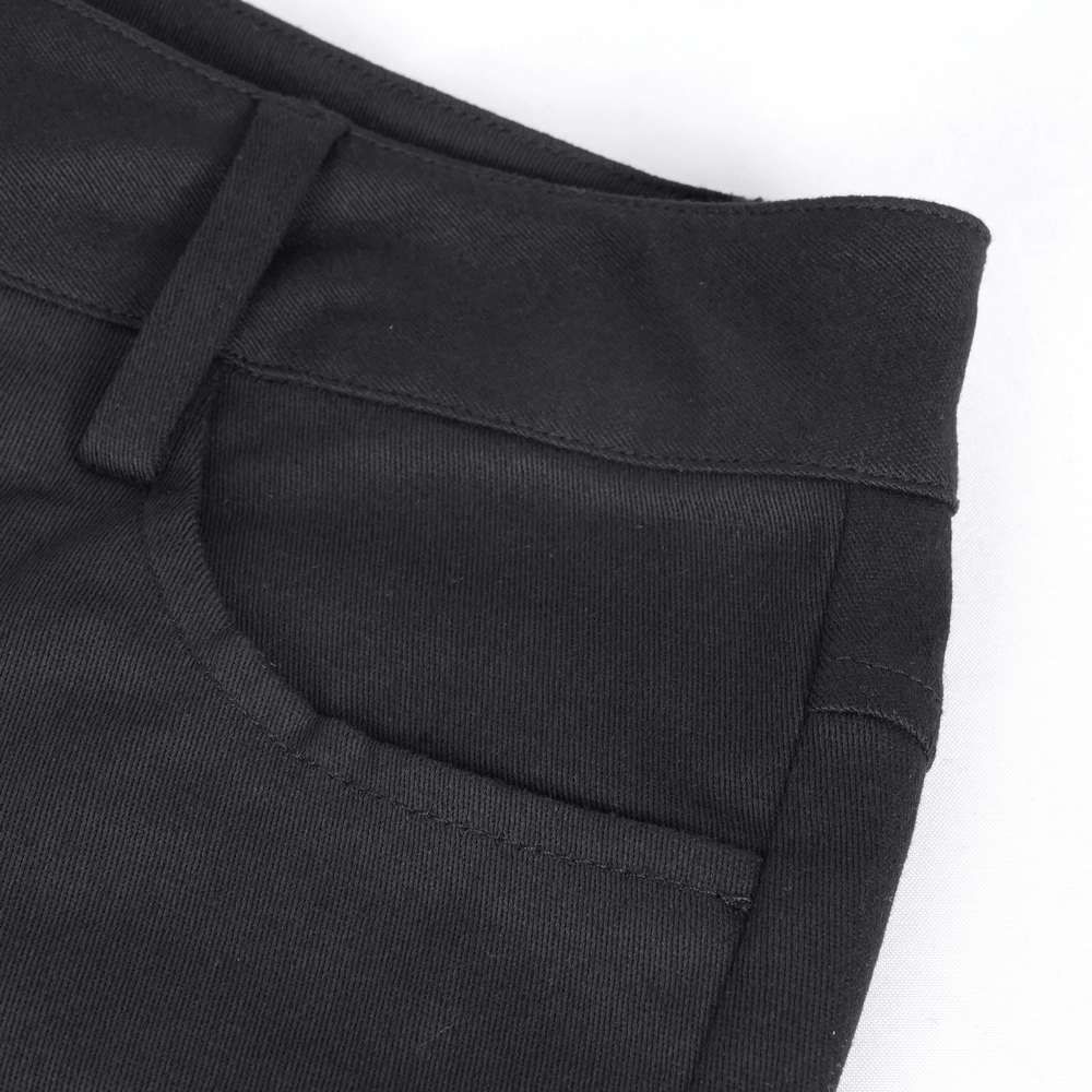 Close-up of the waistband and pocket details of Gothic Ruched Pants, showcasing sleek black fabric and stylish design.