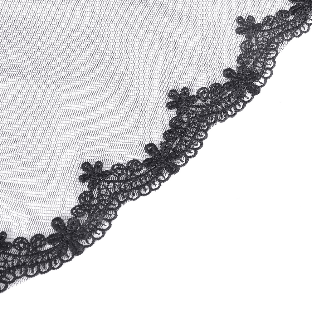 Elegant black lace trim on sheer mesh, perfect for enhancing Gothic fashion pieces.