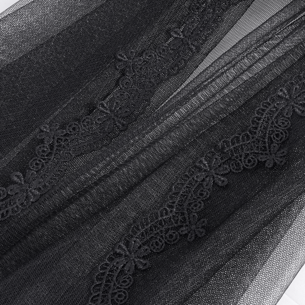 Elegant black lace and tulle fabric with intricate floral embroidery details, perfect for gothic fashion.