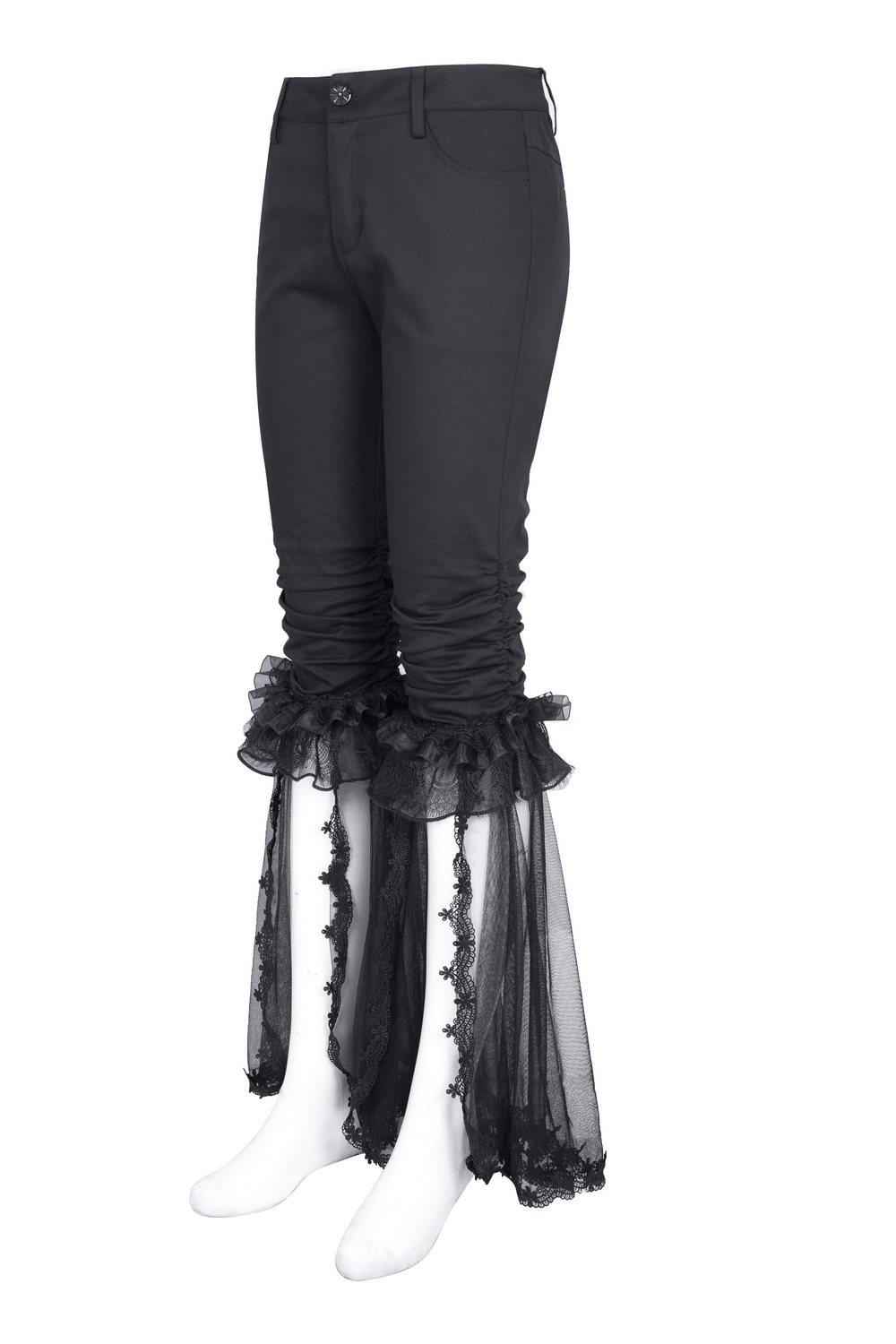 Gothic ruched pants with tulle and lace flare hem, featuring a dramatic silhouette and intricate detailing for alternative fashion.