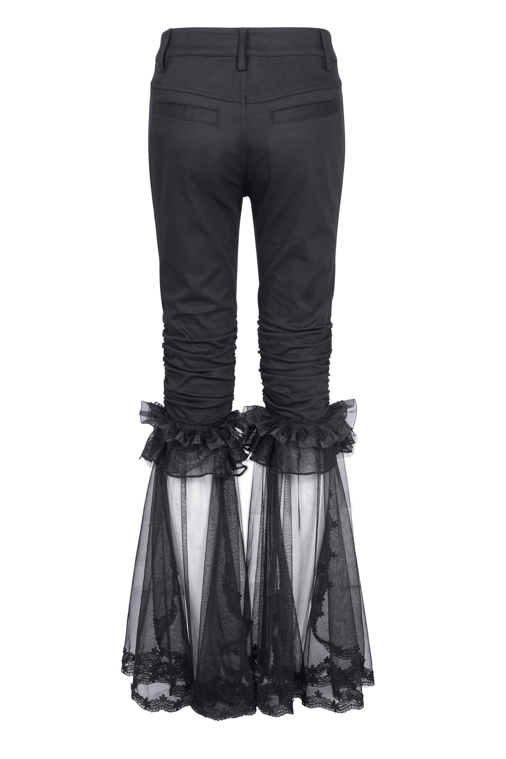 Gothic ruched pants with tulle and lace flare hem showcasing elegant black design and dramatic detailing.