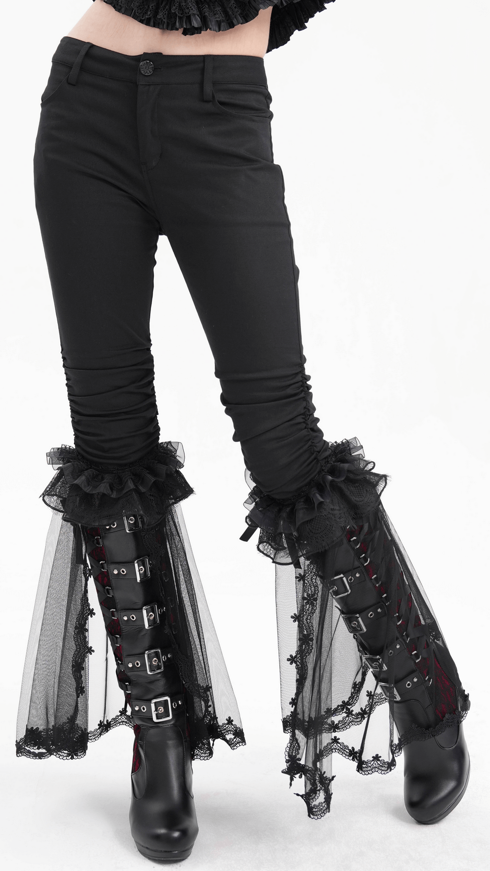 Gothic ruched pants with dramatic tulle and lace flare hem, perfect for alternative fashion enthusiasts.