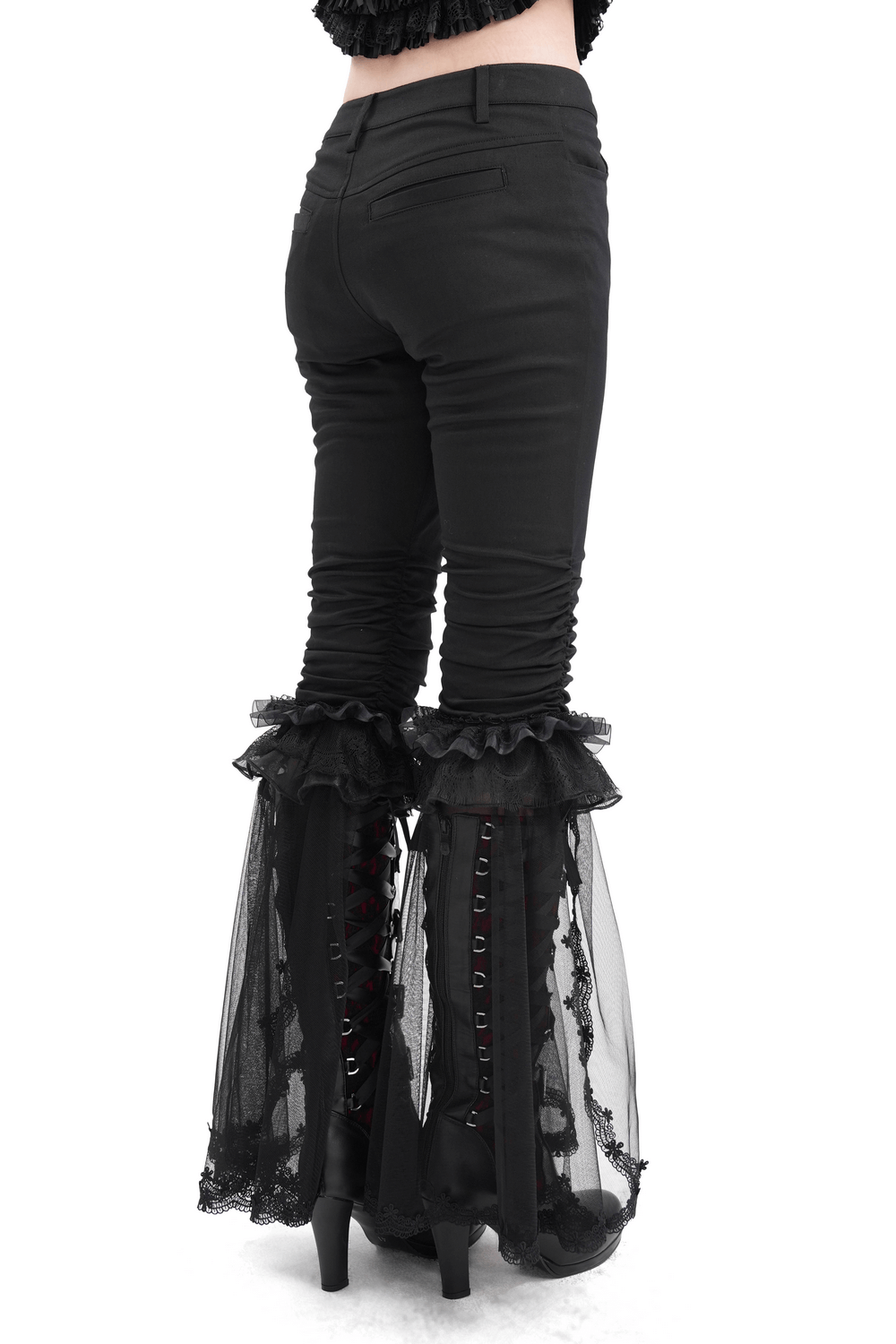 Gothic ruched pants featuring a dramatic tulle and lace flare hem, blending elegance with alternative fashion flair.