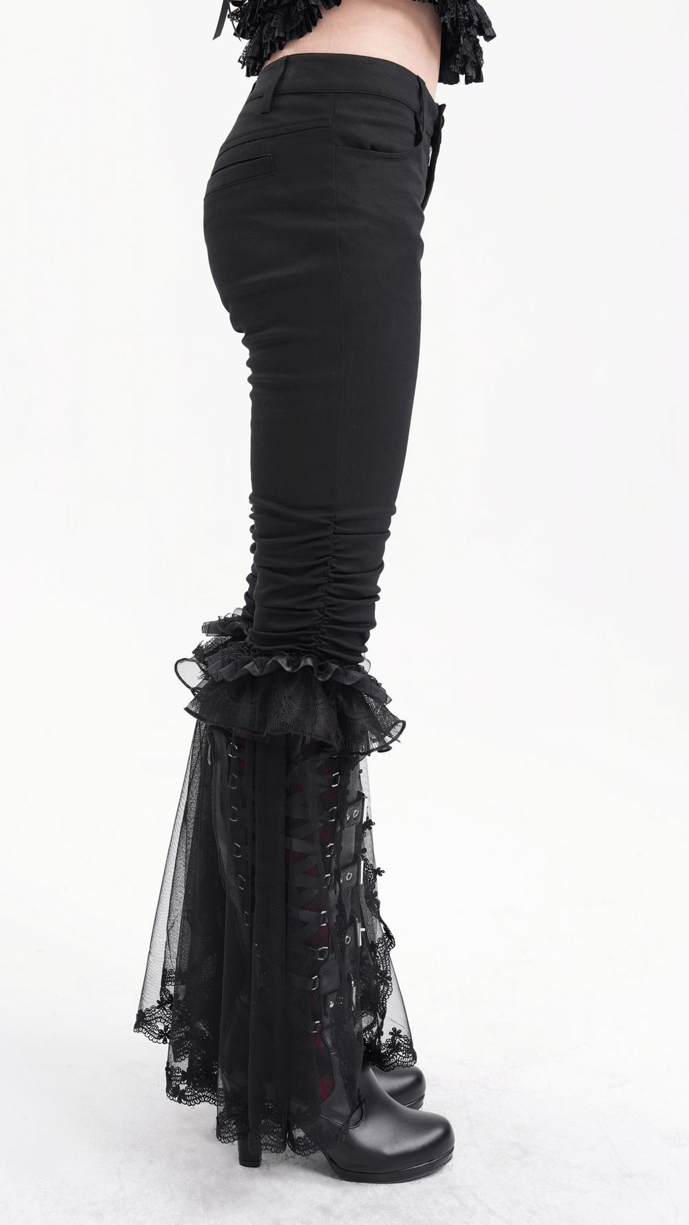 Gothic ruched pants with tulle and lace flare hem, showcasing elegant alternative fashion style.