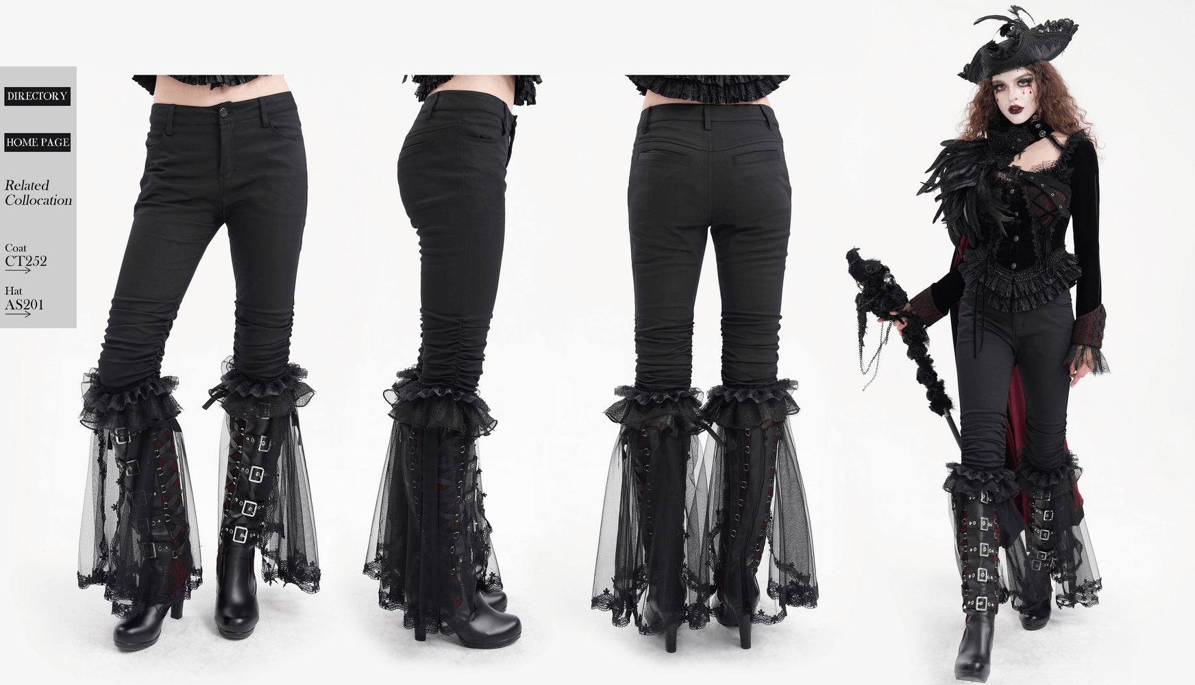 Gothic ruched pants with tulle and lace flare hem, showcasing elegant design and alternative fashion style.