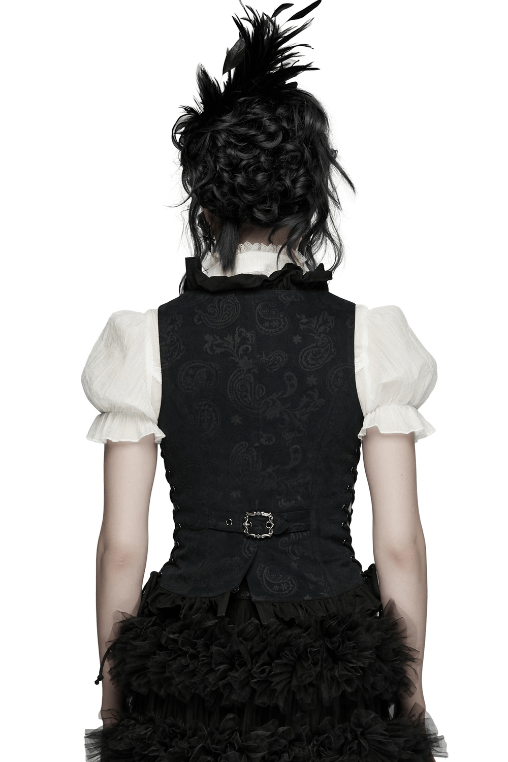 Gothic Ruffle Chain Waistcoat with Adjustable Drawstrings showcased from the back view, highlighting the ruffled design.