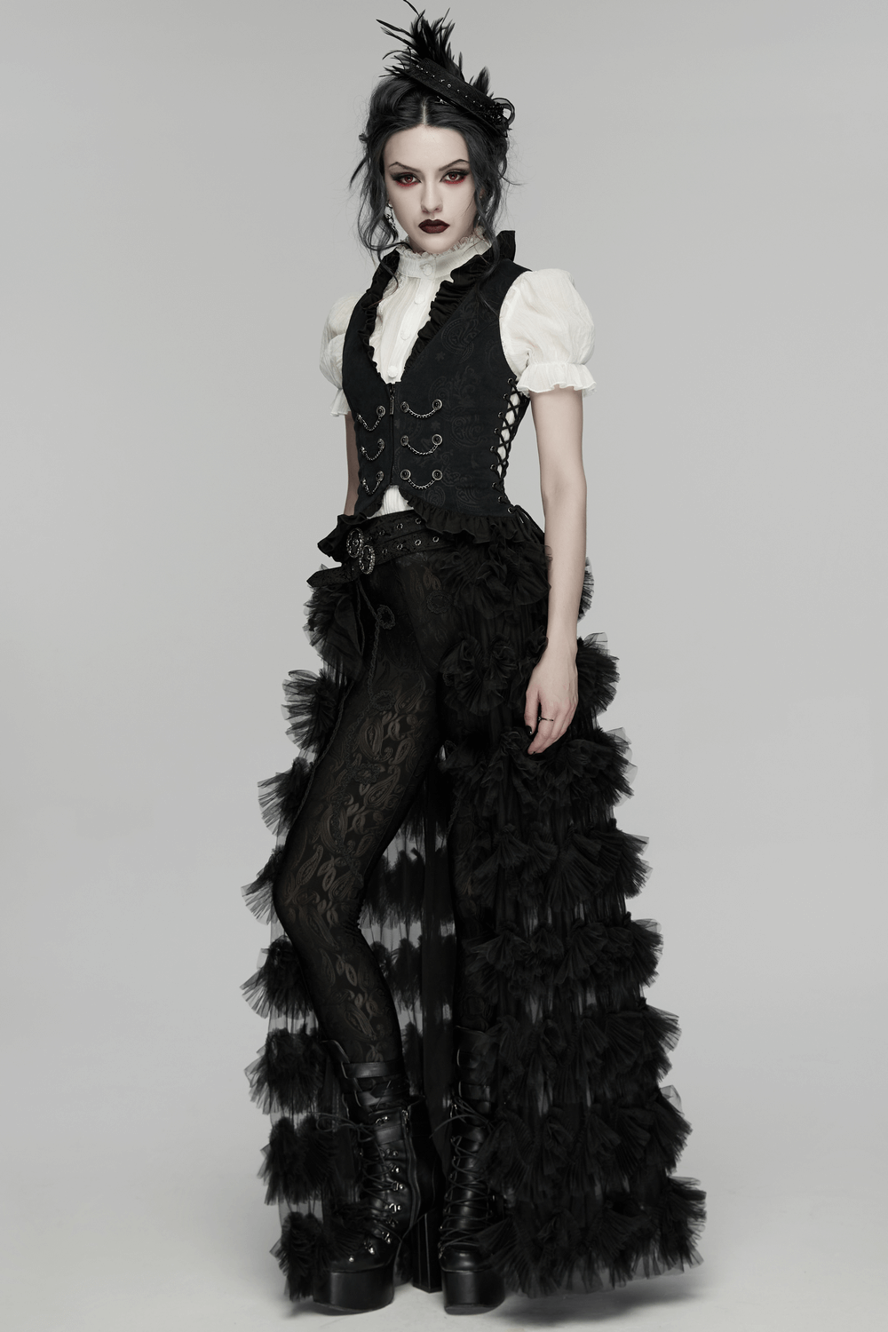 Gothic Ruffle Chain Waistcoat with Adjustable Drawstrings worn by model, featuring dramatic layered black ruffles.