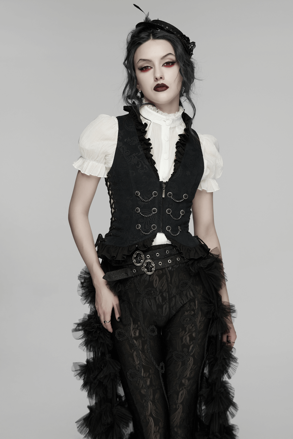 Gothic Ruffle Chain Waistcoat with Adjustable Drawstrings worn with a dramatic layered outfit.
