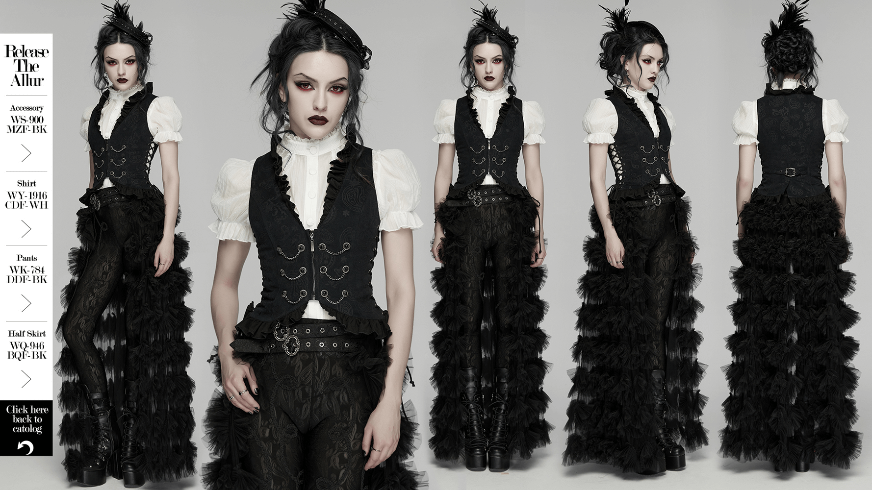 Gothic Ruffle Chain Waistcoat with Adjustable Drawstrings worn with dramatic ruffled pants, showcasing a dark aesthetic.