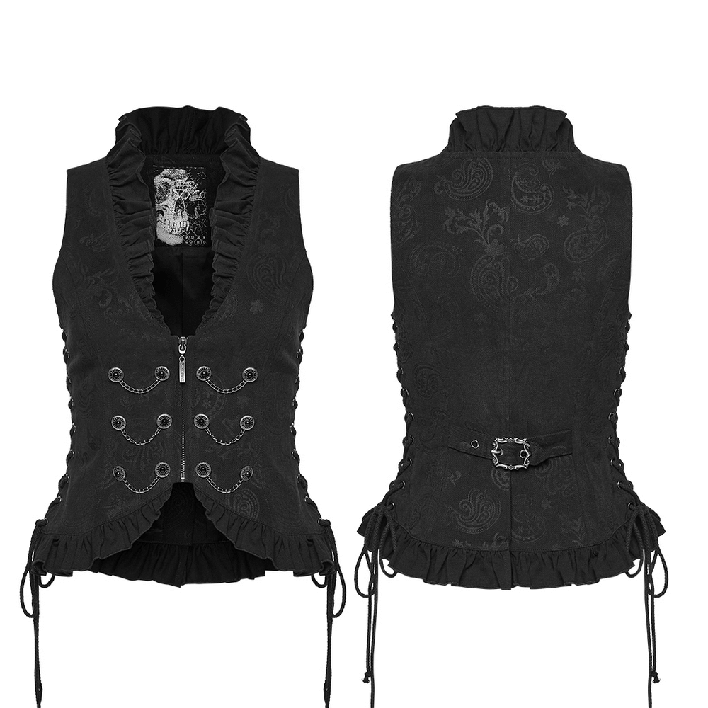Gothic Ruffle Chain Waistcoat with Adjustable Drawstrings featuring ruffled neckline and chain detail.