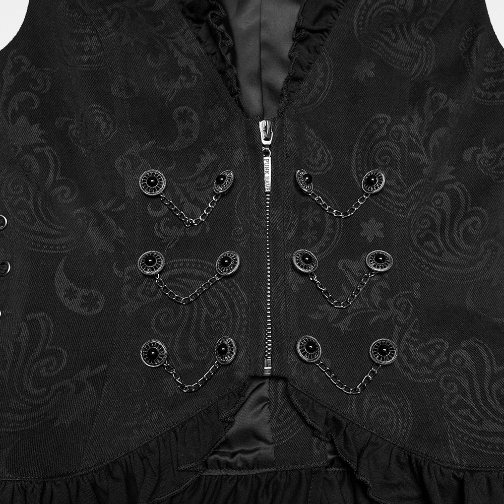 Gothic Ruffle Chain Waistcoat with Adjustable Drawstrings featuring a detailed zip front and decorative chain buckles.