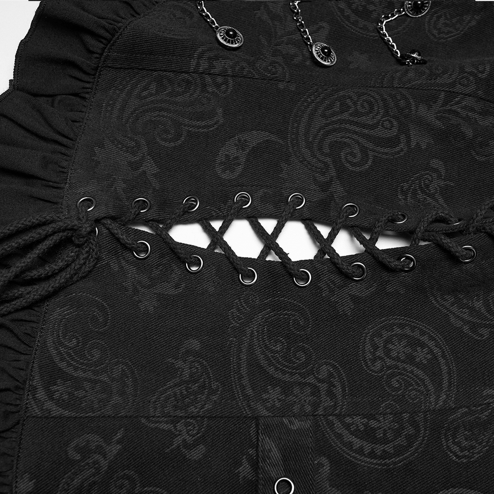 Gothic Ruffle Chain Waistcoat with Adjustable Drawstrings close-up showing lacing and decorative chain details.