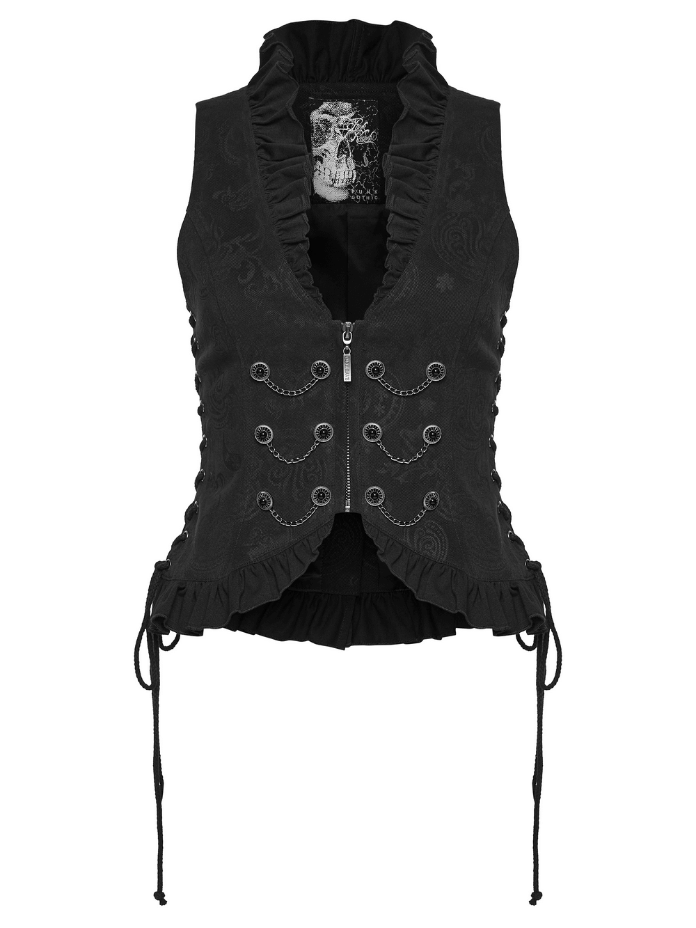 Gothic Ruffle Chain Waistcoat with Adjustable Drawstrings featuring chains and zip front.