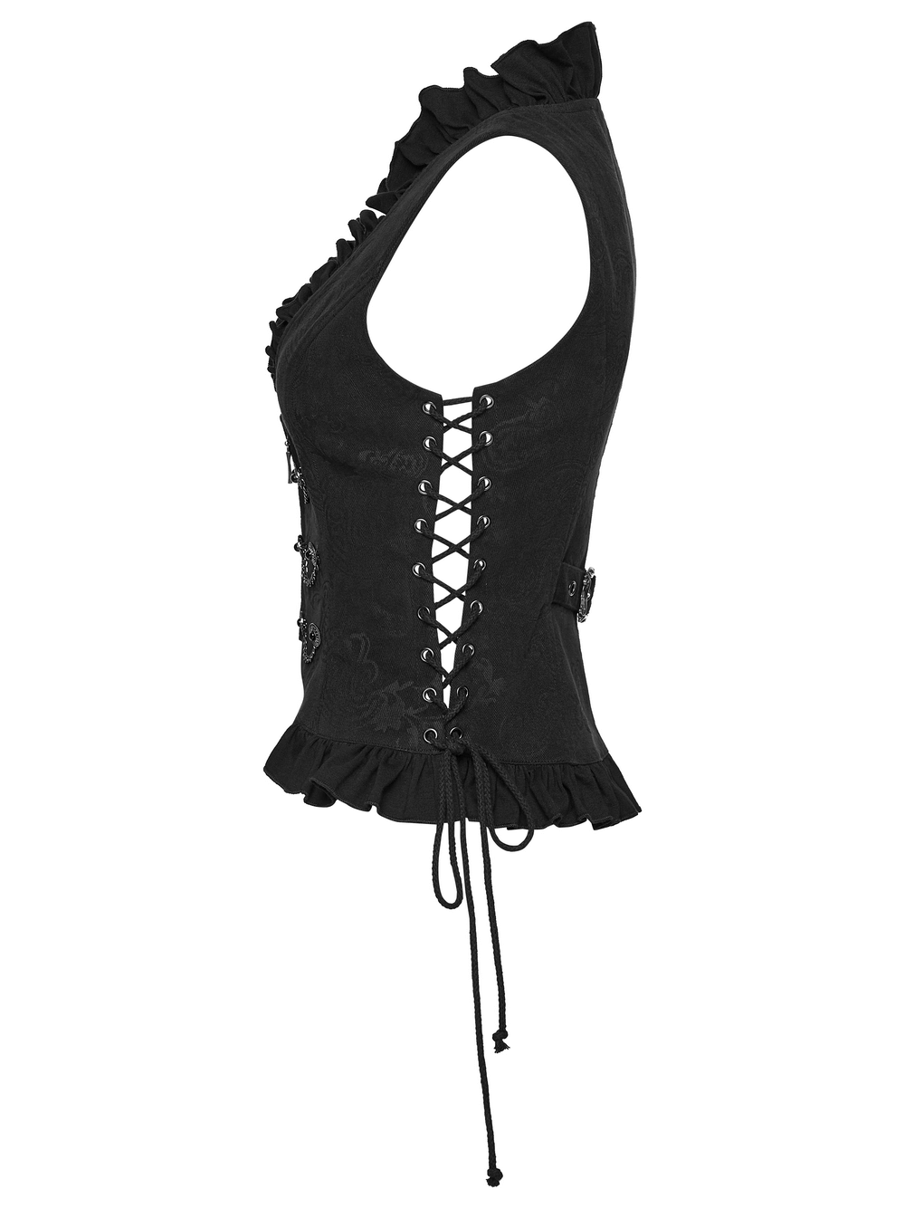 Gothic Ruffle Chain Waistcoat with Adjustable Drawstrings showing side view with lace-up detail.