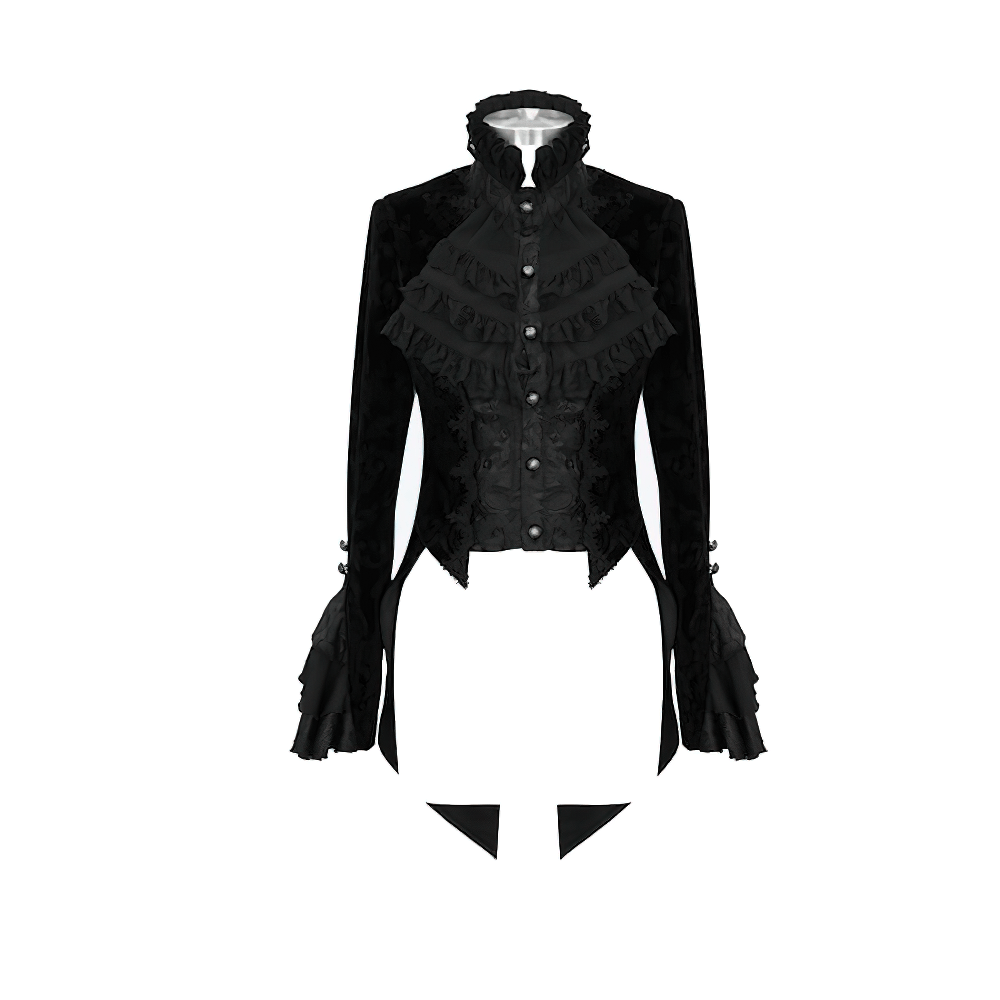 Gothic ruffle jacket for women with lace sleeves, vintage black design, perfect for a gothic wardrobe.