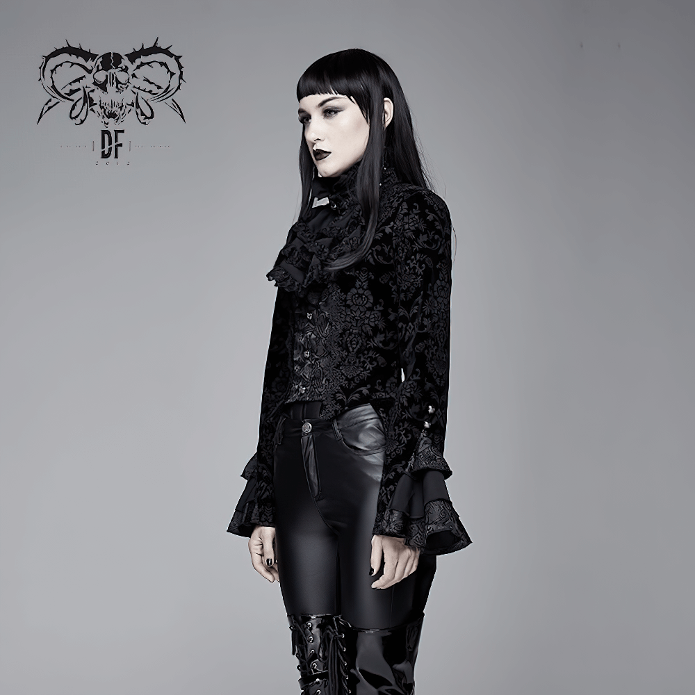 Gothic ruffle jacket with lace sleeves, model showcasing vintage black style, perfect for a gothic wardrobe.