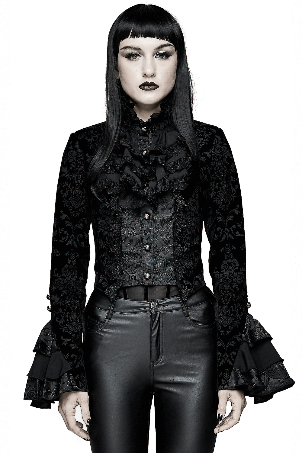 Gothic ruffle jacket with lace sleeves for women, styled in vintage black with a retro cut and elegant detailing.