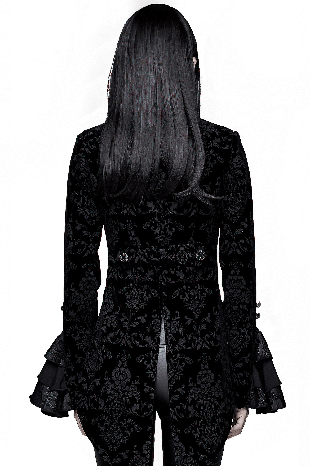 Back view of a women's gothic ruffle jacket with lace sleeves in black, showcasing vintage style and elegant detailing.