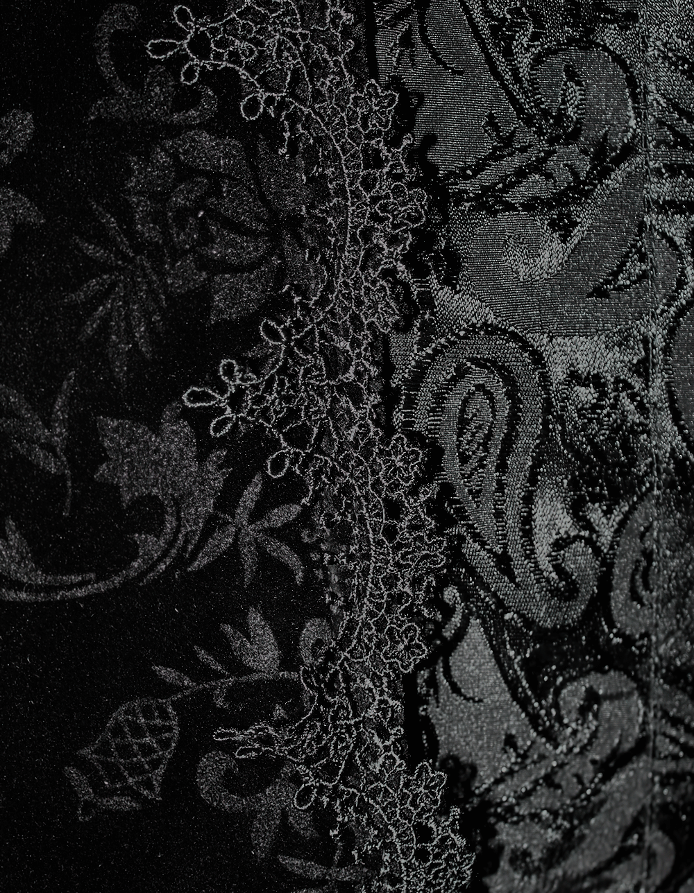 Close-up of intricate black lace detailing on a vintage gothic jacket showcasing floral patterns.