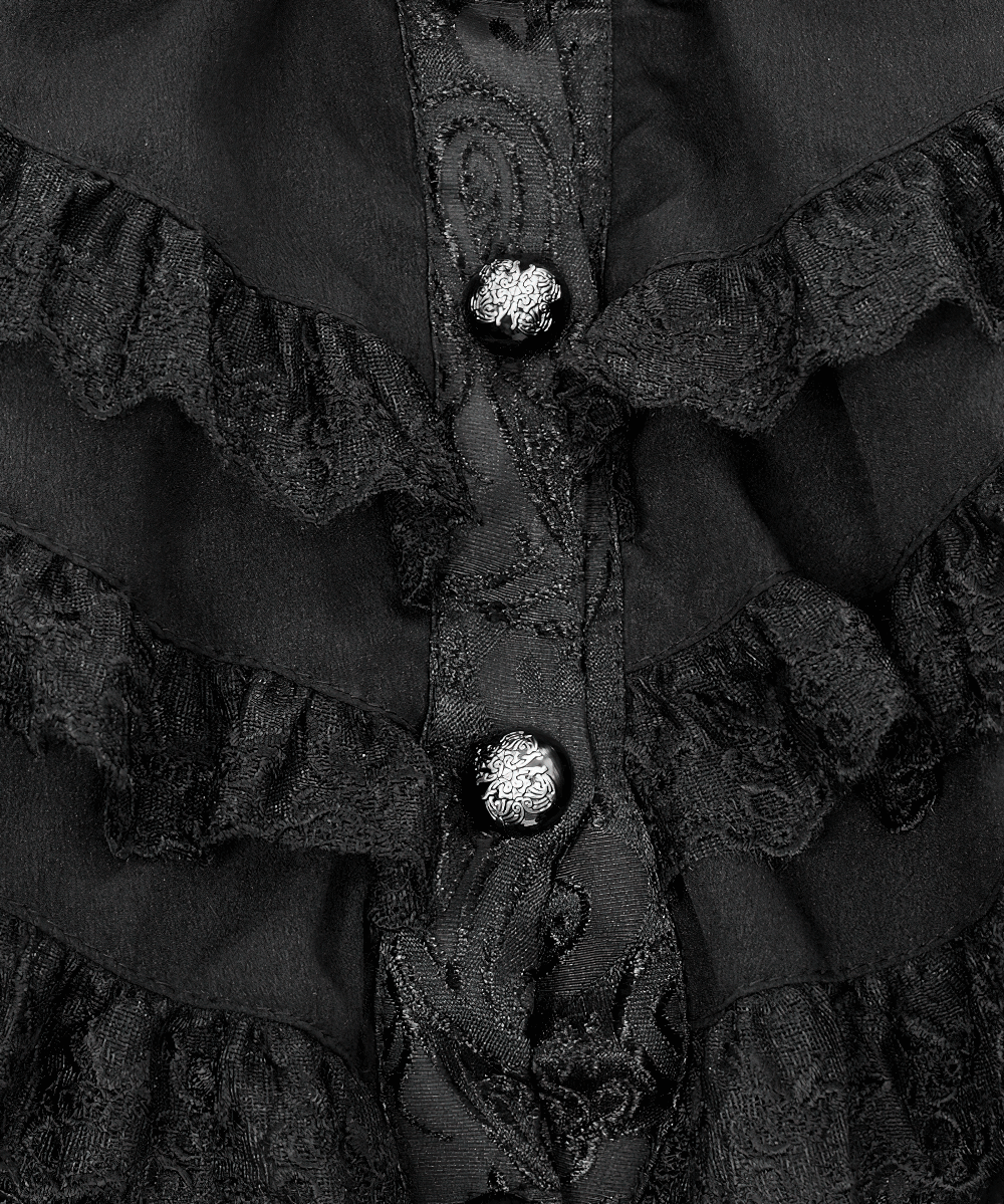 Gothic ruffle jacket detail with lace trim and stylish buttons, perfect for a vintage-inspired wardrobe.
