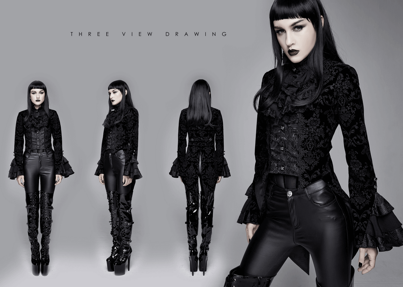 Three view drawing of a women's gothic ruffle jacket with lace sleeves in black, showcasing its vintage style and elegant design.