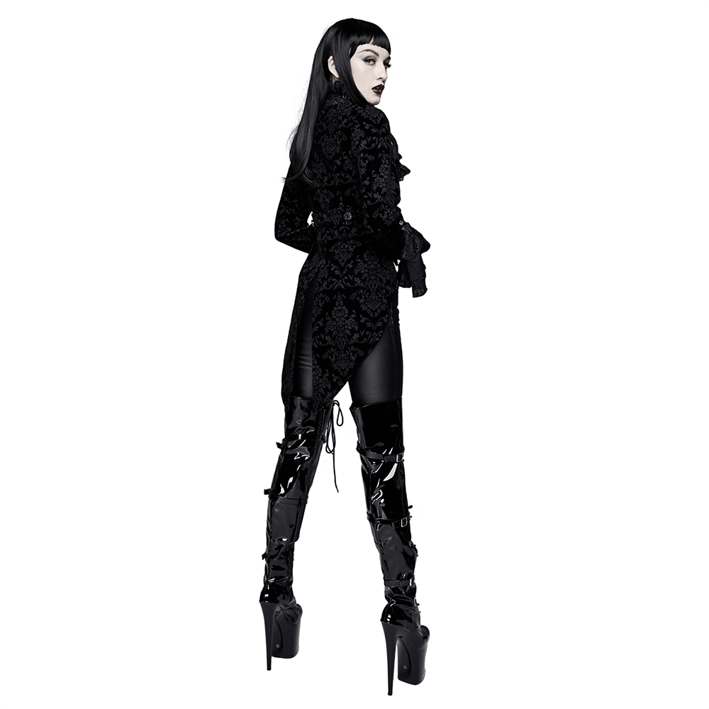 Women wearing a gothic ruffle jacket with lace sleeves, paired with stylish thigh-high boots.