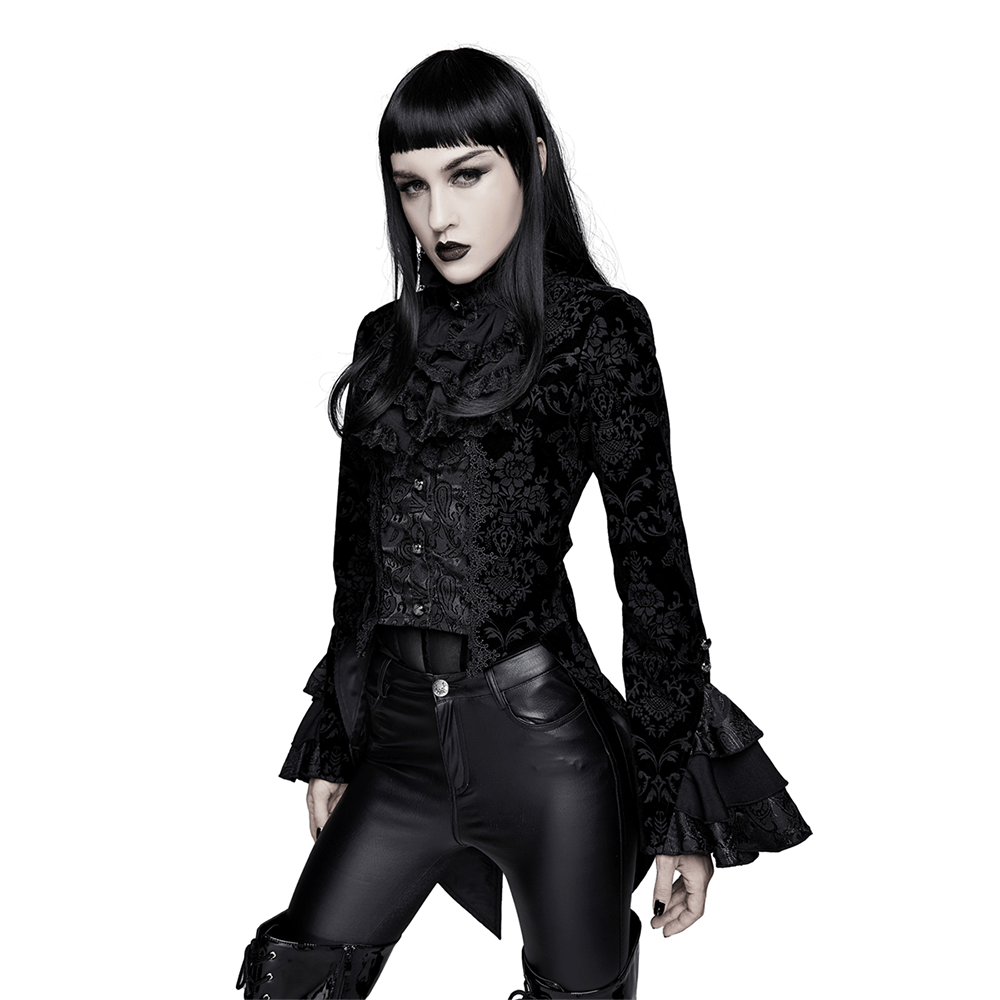 Gothic ruffle jacket with lace sleeves on a model, perfect vintage black outerwear for women's gothic fashion.