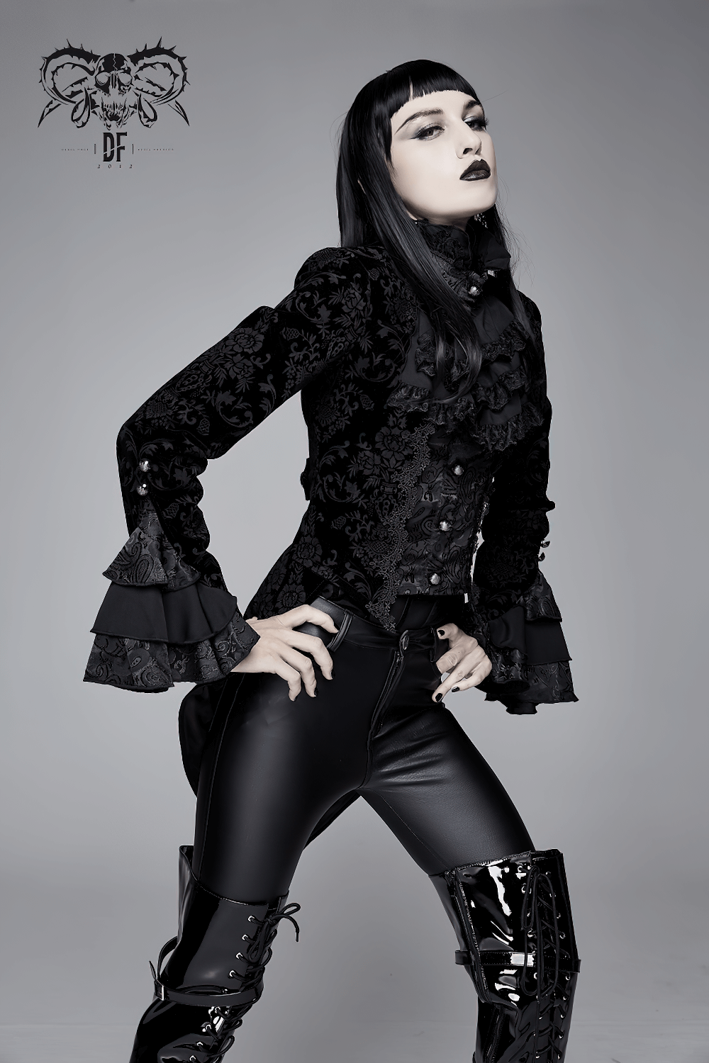 Gothic ruffle jacket with lace sleeves, elegant black vintage style for women, perfect for a gothic wardrobe.