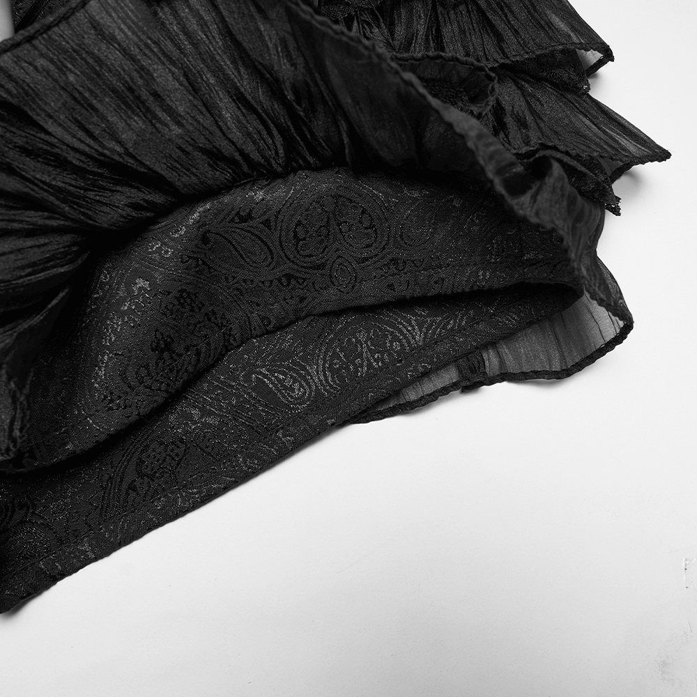 Gothic Ruffle Lace Cake Shorts with Diagonal Drawstrings showing a close-up of the ruffled black fabric detail.