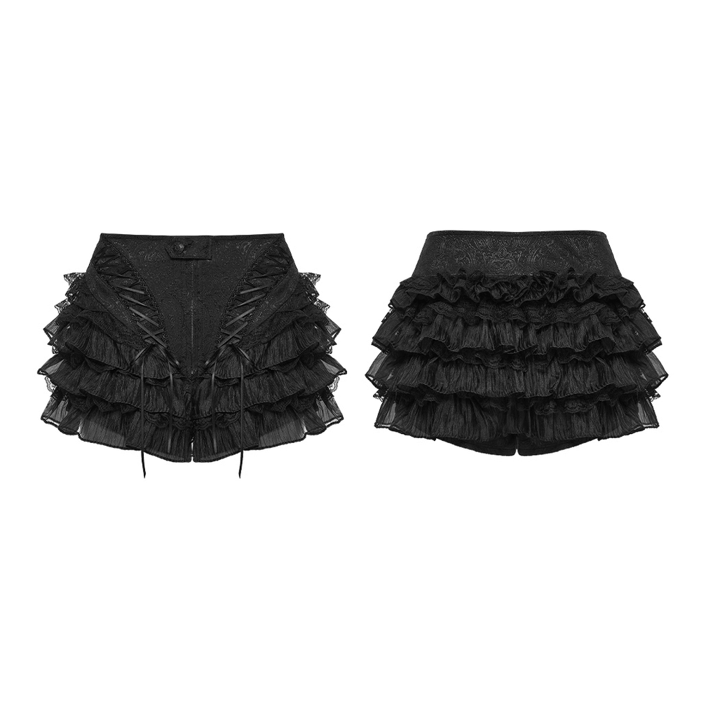 Gothic Ruffle Lace Cake Shorts with Diagonal Drawstrings, featuring a stylish ruffled design in black.