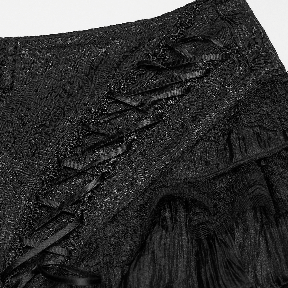 Gothic Ruffle Lace Cake Shorts with Diagonal Drawstrings detailing lace and drawstrings close-up.