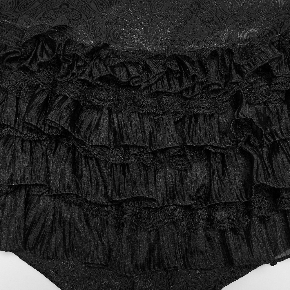 Gothic Ruffle Lace Cake Shorts with Diagonal Drawstrings featuring luxurious layers of ruffled lace fabric.