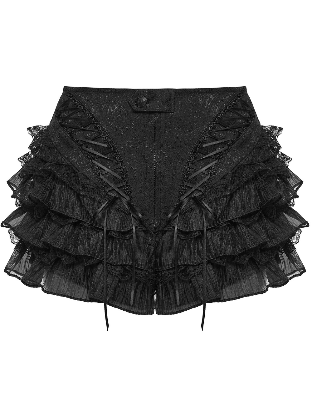 Gothic Ruffle Lace Cake Shorts with Diagonal Drawstrings in black with layered ruffles and drawstring details.