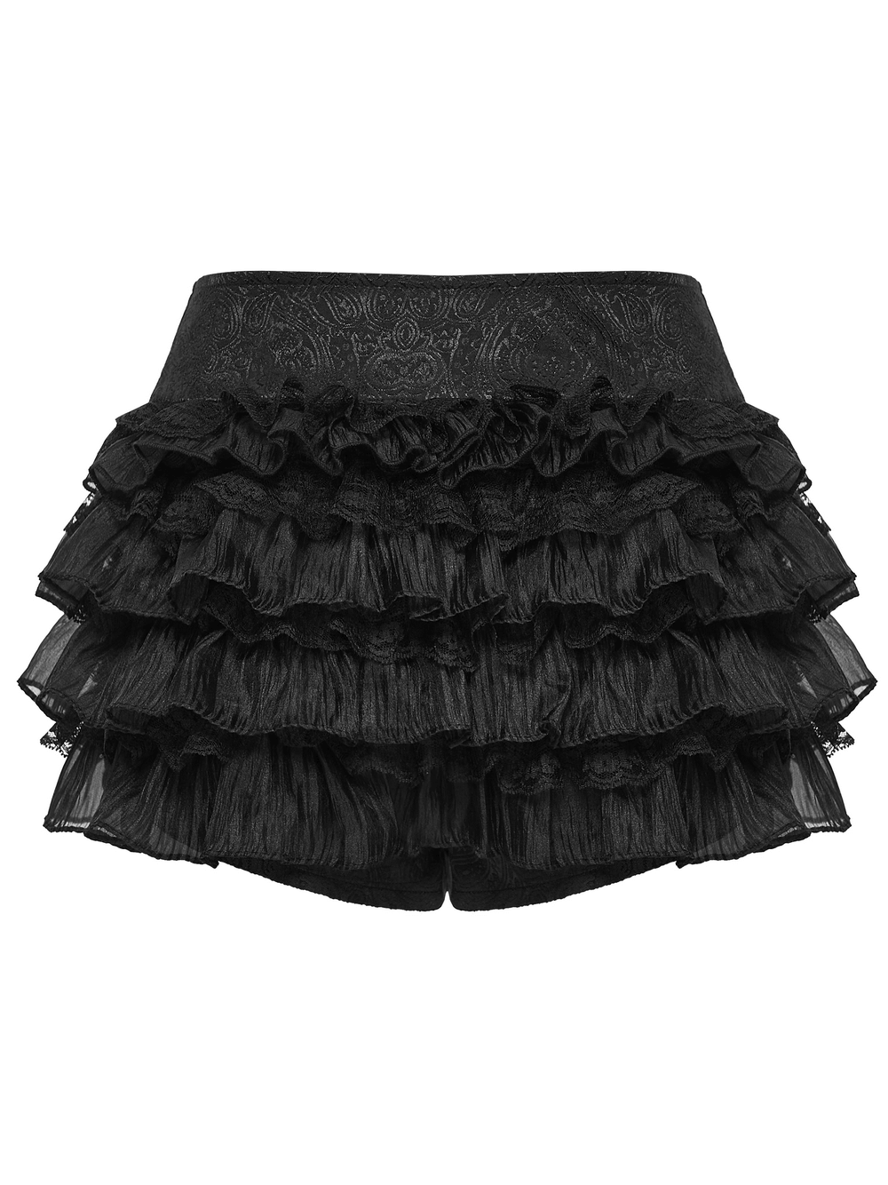 Gothic Ruffle Lace Cake Shorts with Diagonal Drawstrings in black with layered ruffles and a stylish design.