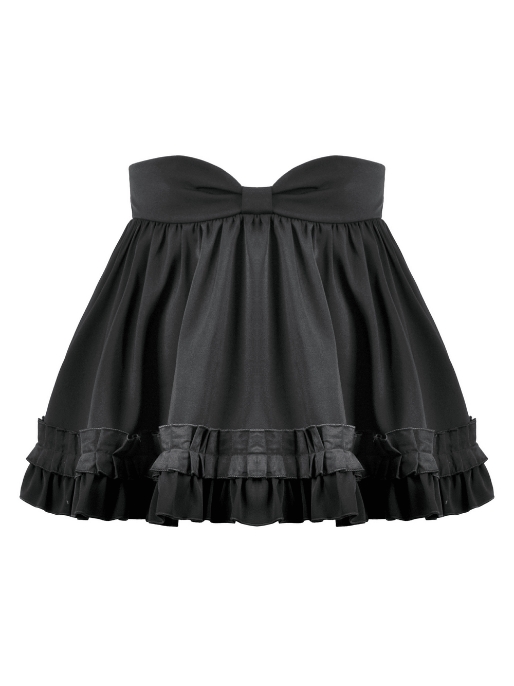 Stylish Gothic mini skirt with satin layers, ruffles, and a cute bow for a charming Lolita look.