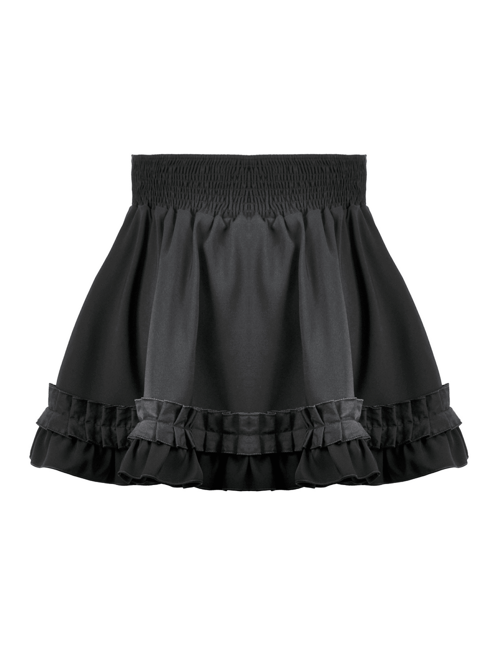 Gothic ruffle mini skirt with satin layers and bow detailing, perfect for Lolita or Gothic outfits.