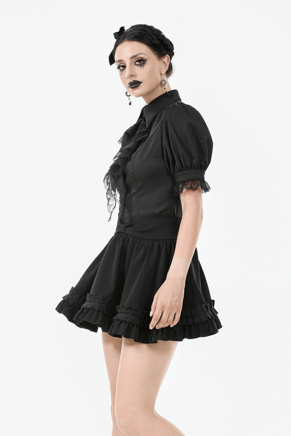 Elegant black Gothic ruffle mini skirt with bows and satin layers, perfect for stylish Lolita outfits.