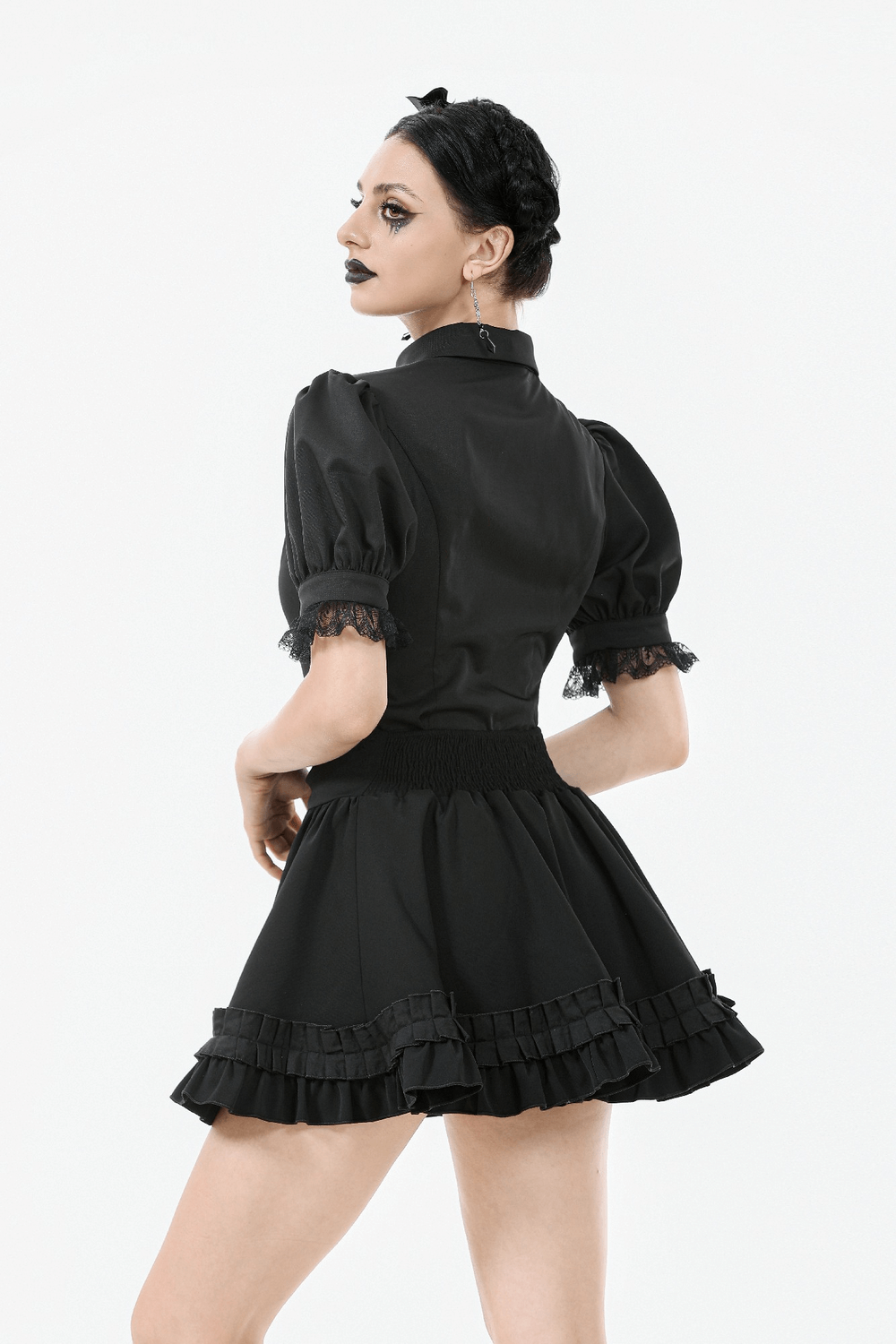 Gothic ruffle mini skirt with bow, satin layers, and elegant details for a stylish Lolita look.