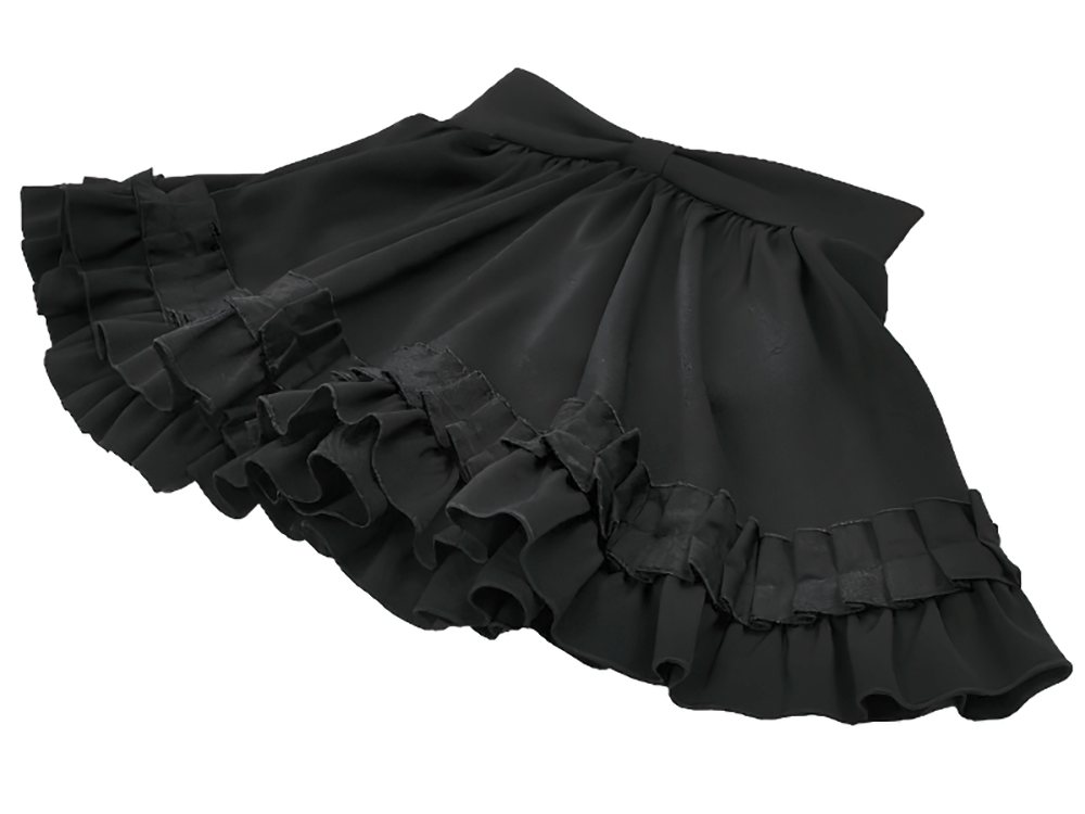 Elegant black Gothic ruffle mini skirt featuring satin layers and a stylish front bow, perfect for Lolita outfits.
