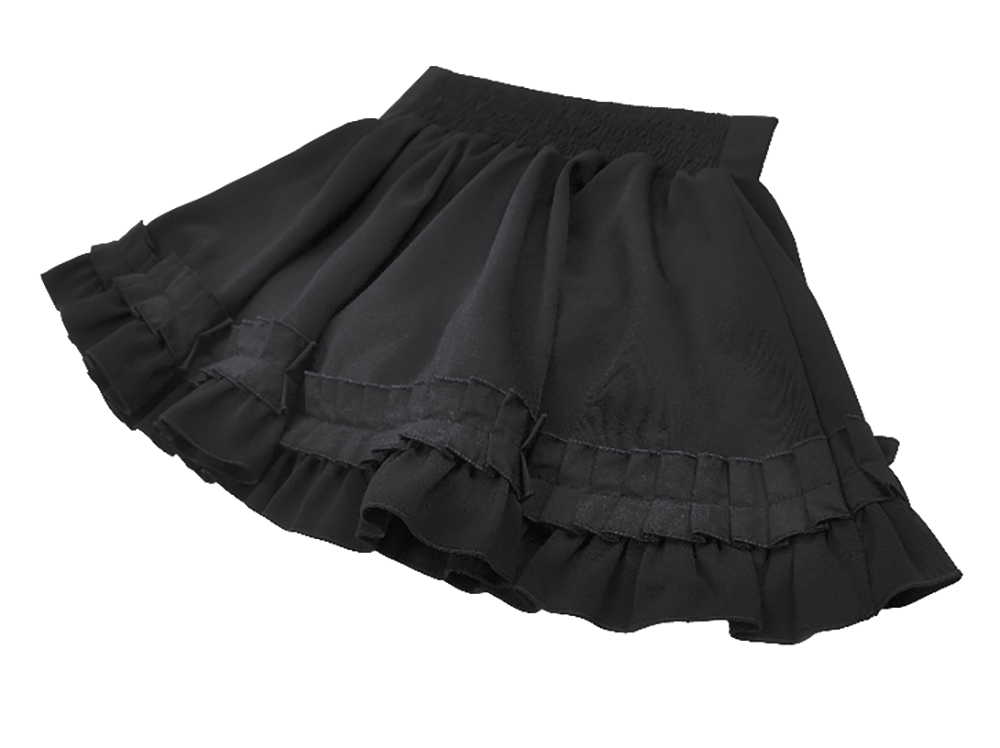 Elegant Gothic ruffle mini skirt in black with pleated layers and a stylish bow detail.