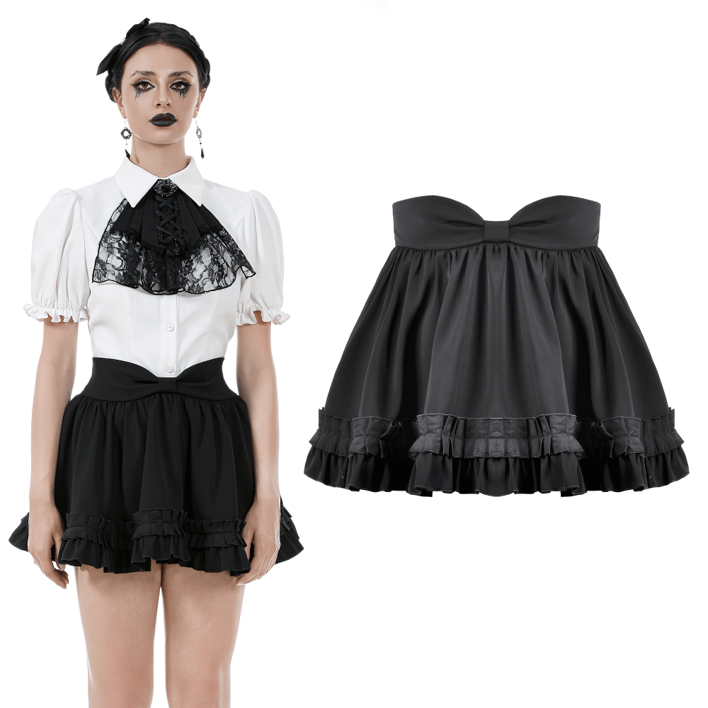 Gothic ruffle mini skirt with bow, satin layers, and pleated detailing, perfect for Lolita fashion outfits.