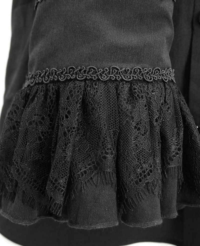 Close-up of the gothic ruffled collar and intricate lace details on a men's black vintage shirt.