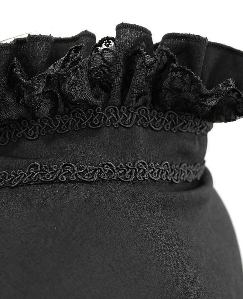 Close-up of a black gothic shirt's ruffled high collar with intricate lace trim and elegant vintage detailing.