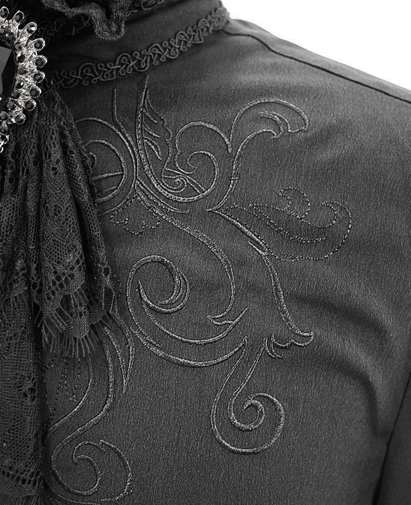 Close-up of a gothic ruffled shirt with intricate embroidery and lace bowtie, highlighting vintage style and elegance.