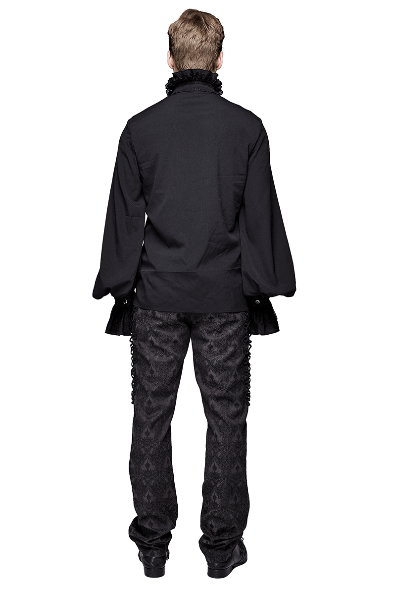 Back view of a man in a gothic black ruffled high collar shirt and patterned pants, showcasing vintage style.