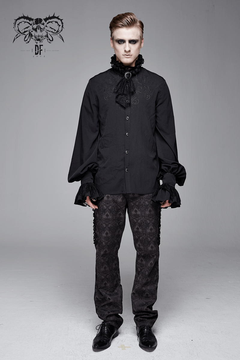 Black gothic ruffled high collar shirt for men with long sleeves and lace bowtie, paired with stylish patterned pants.